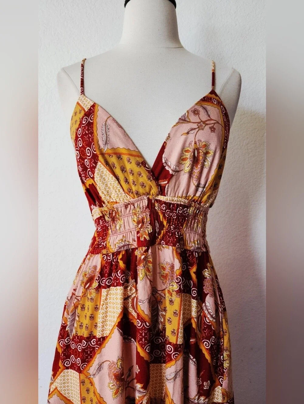Boho Patchwork Maxi Dress in Burgundy & Mustard - Picture 4 of 4